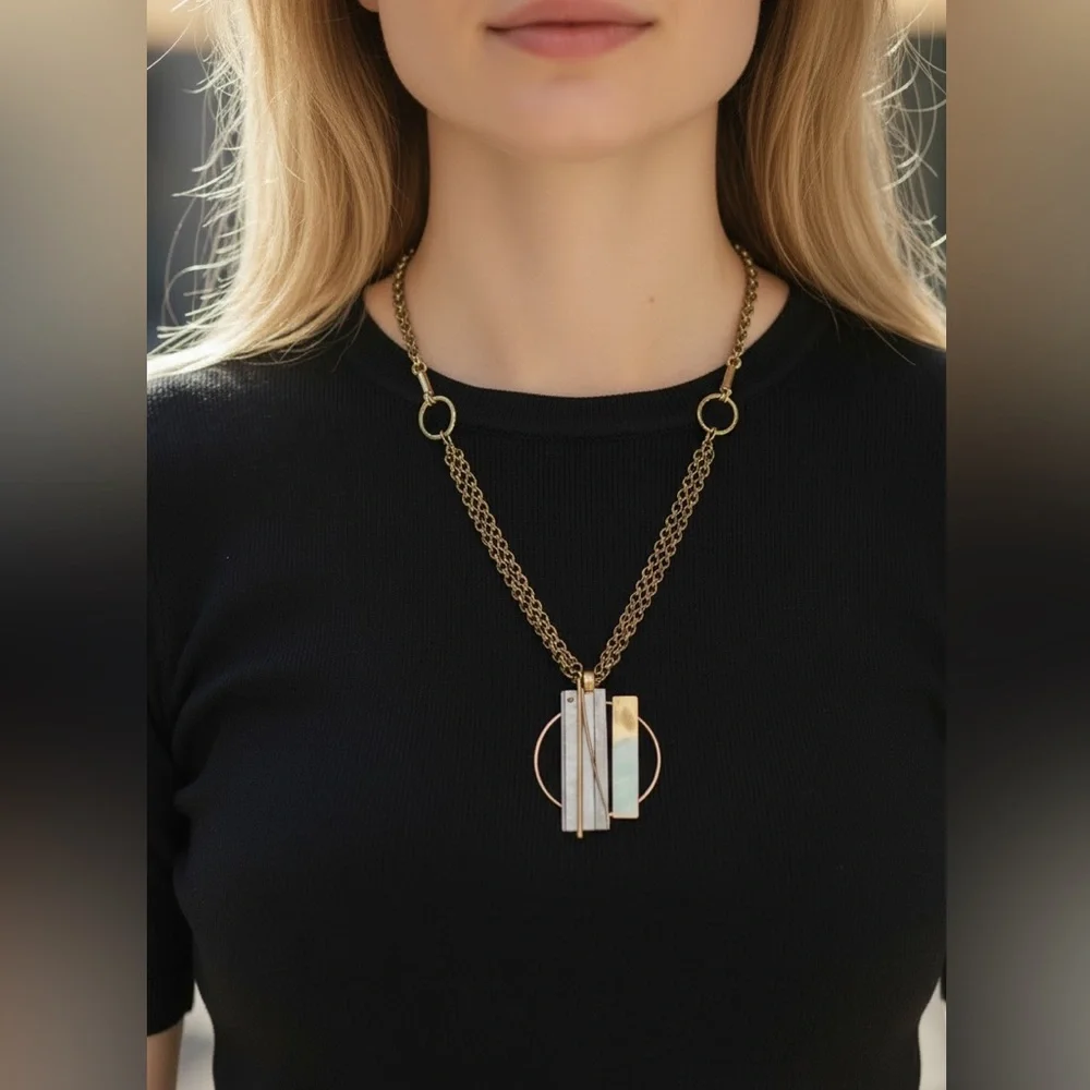 Retro 80s Gold and Silver Modern Multi-Bar Pendant Necklace